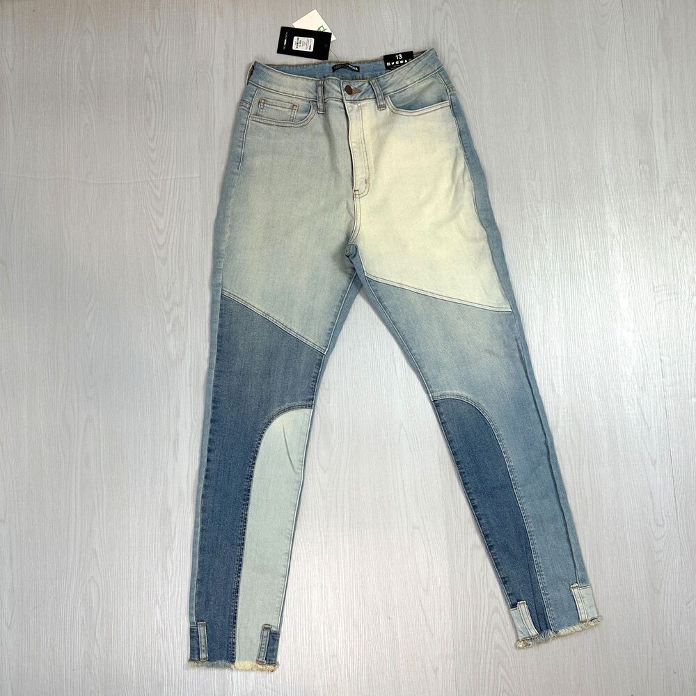 NWT Fashion Nova High Rise Patchwork Colorblock Ankle Jeans Womens Size 13 Split